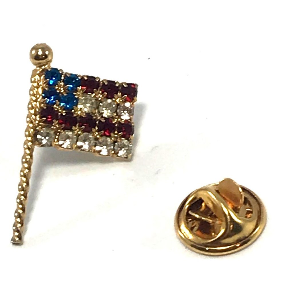 Gold Tone  Rhinestone Patriotic American Flag Tie Tack Lapel Pin